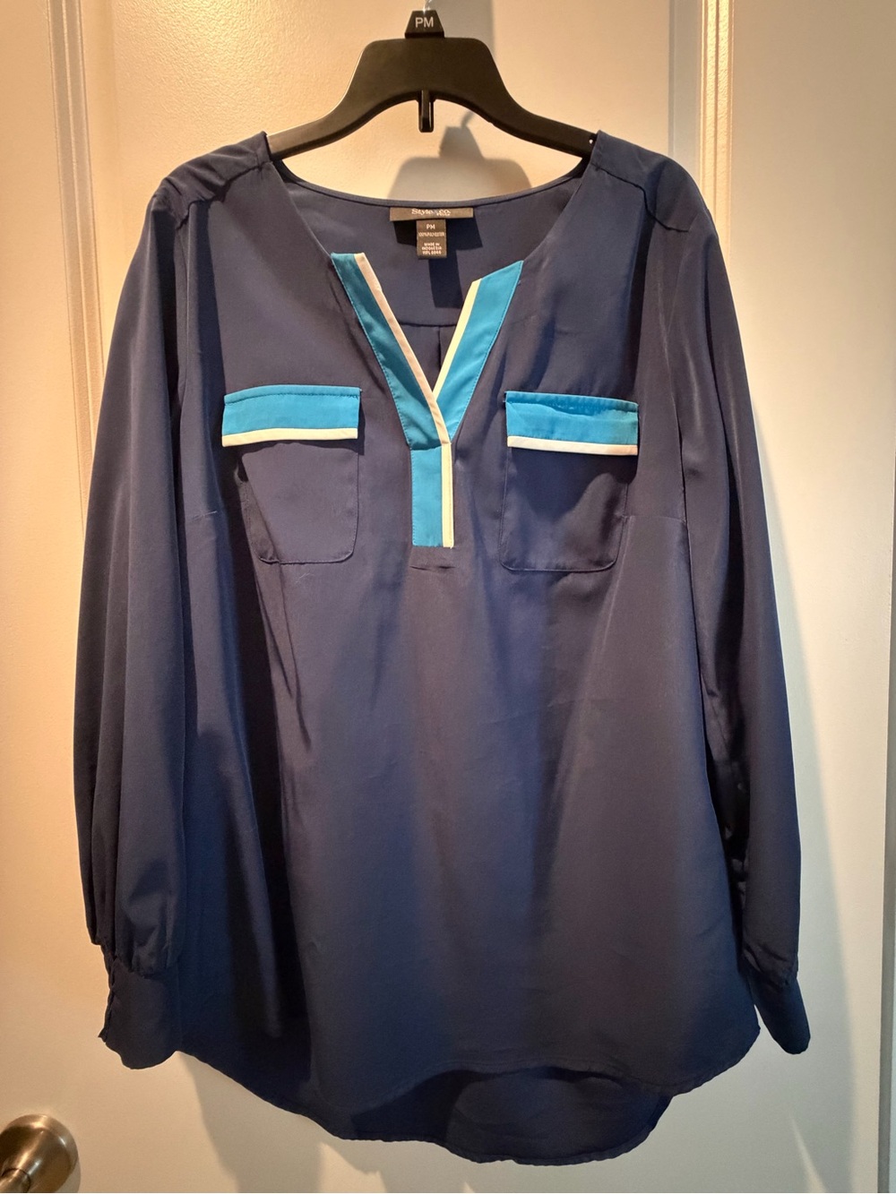 Style & Co. Navy Button-Front Casual Shirt with Teal and Cream Trim